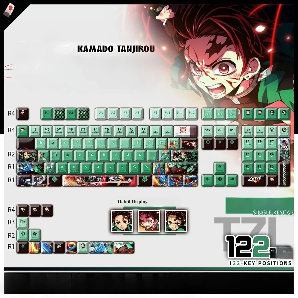 Authentic Demon Slayer Kamado Tanjiro PBT backlit keycap showcasing vibrant, crisp engravings of the iconic hero, perfect for custom mechanical keyboard.