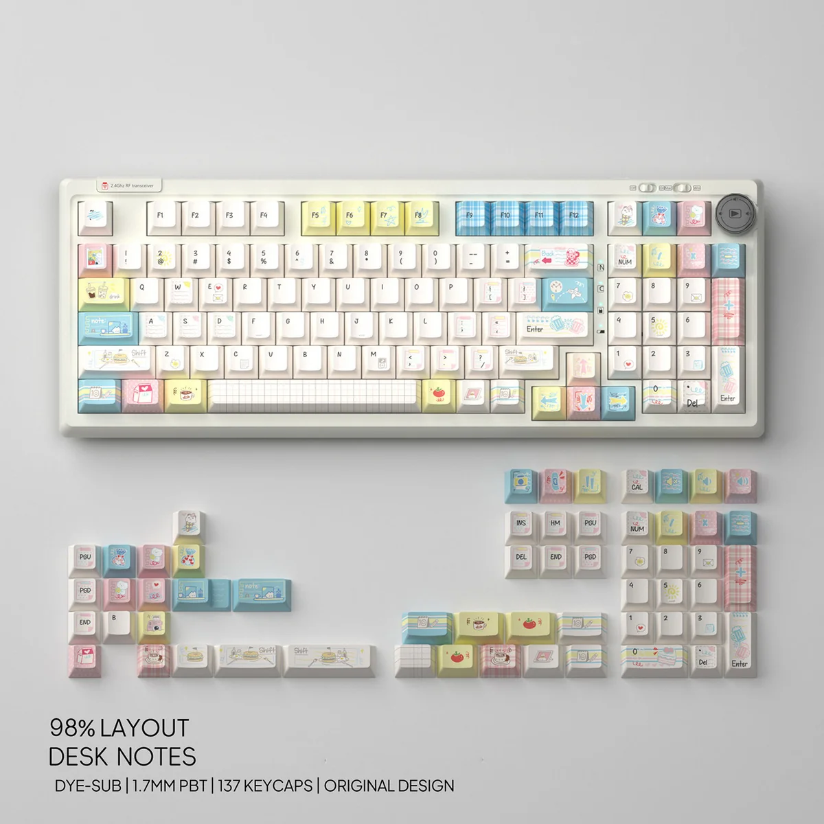 Desk Notes PBT Dye-Sublimation Keycaps: close-up shows nostalgic academic aesthetic, vintage stationery, handwritten notes.