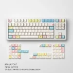 Artistic view of Desk Notes PBT Dye-Sublimation Keycaps, showcasing their vintage academic legends and muted palette.