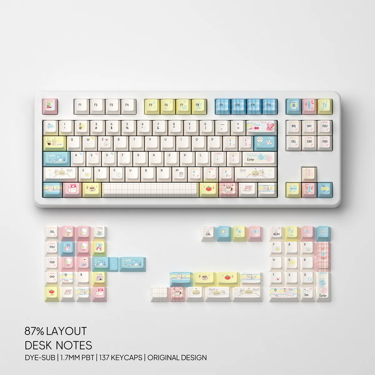 Artistic view of Desk Notes PBT Dye-Sublimation Keycaps, showcasing their vintage academic legends and muted palette.