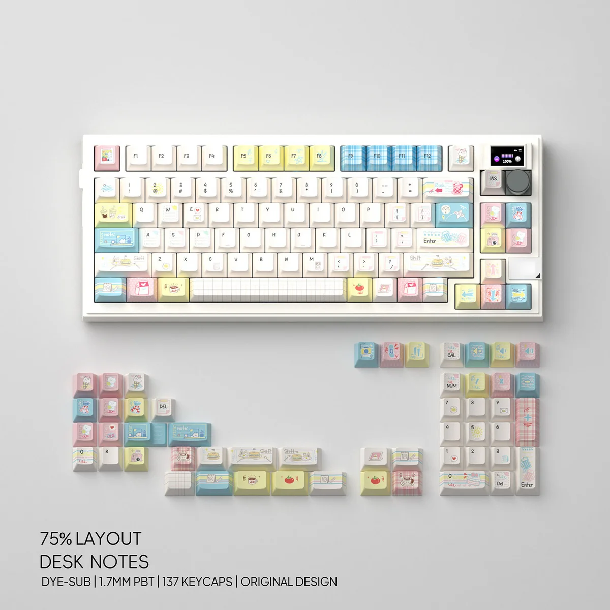 Desk Notes PBT dye-sublimation keycaps, showcasing nostalgic academic aesthetic. Vintage stationery and handwritten notes in a muted palette.