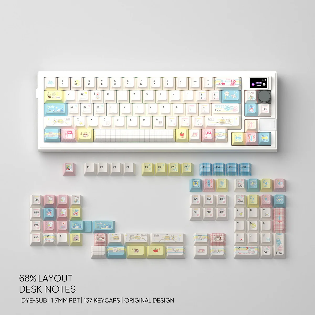 Desk Notes PBT dye-sublimation keycaps, featuring a nostalgic academic theme with vintage stationery and handwritten notes in a muted palette.