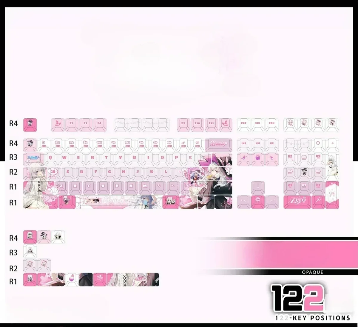 Elaina Keycaps Set PBT backlit set gallery, displaying whimsical anime designs and vibrant magical light transmission from multiple artistic perspectives view.
