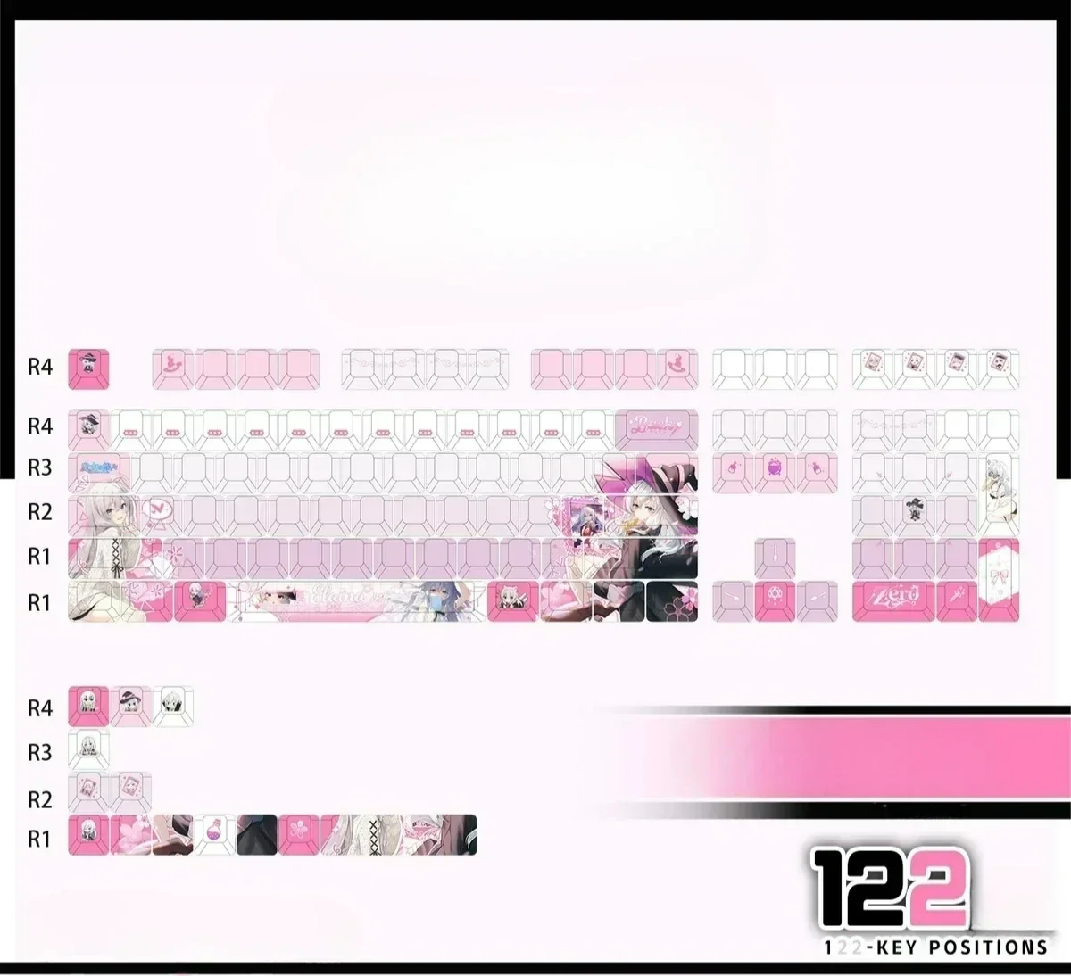 Whimsical Elaina Keycaps PBT backlit set, displaying magical anime designs from multiple angles, highlighting vibrant light transmission.