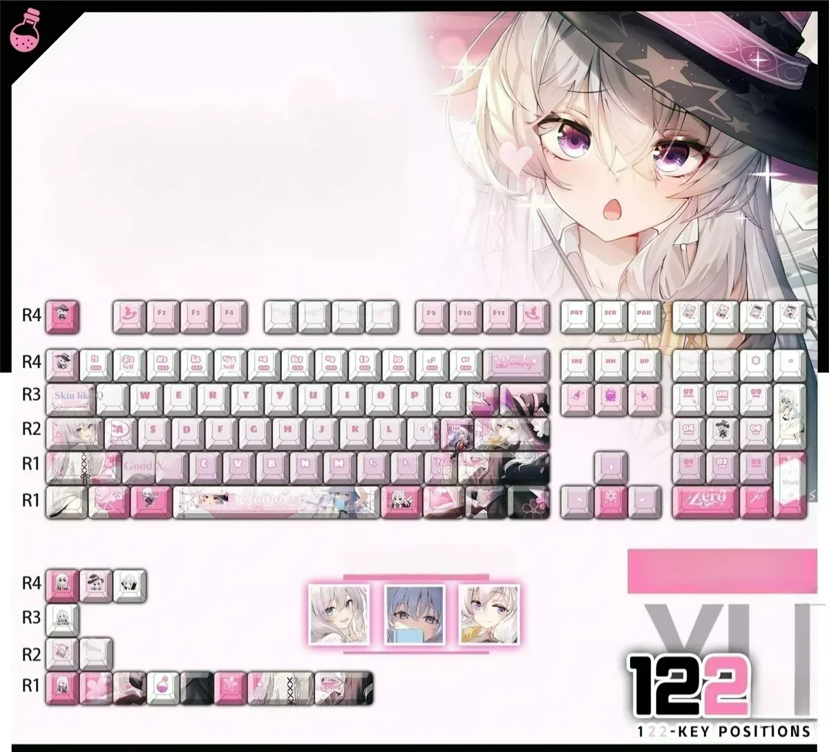 Whimsical Elaina Keycap Set PBT backlit set showcasing intricate anime characters with a magical, vibrant glow.
