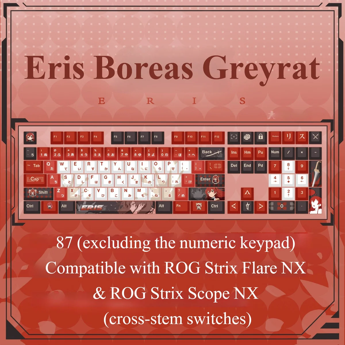 Exclusive Eris Boreas Greyrat Mushoku Tensei keycap set, vibrant with anime character art and adventurous fantasy, displayed from multiple angles.