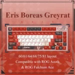 Close-up gallery view of the exclusive Eris Boreas Greyrat keycap set, showcasing vibrant Mushoku Tensei Eris character art and dynamic fantasy aesthetics from multiple angles.