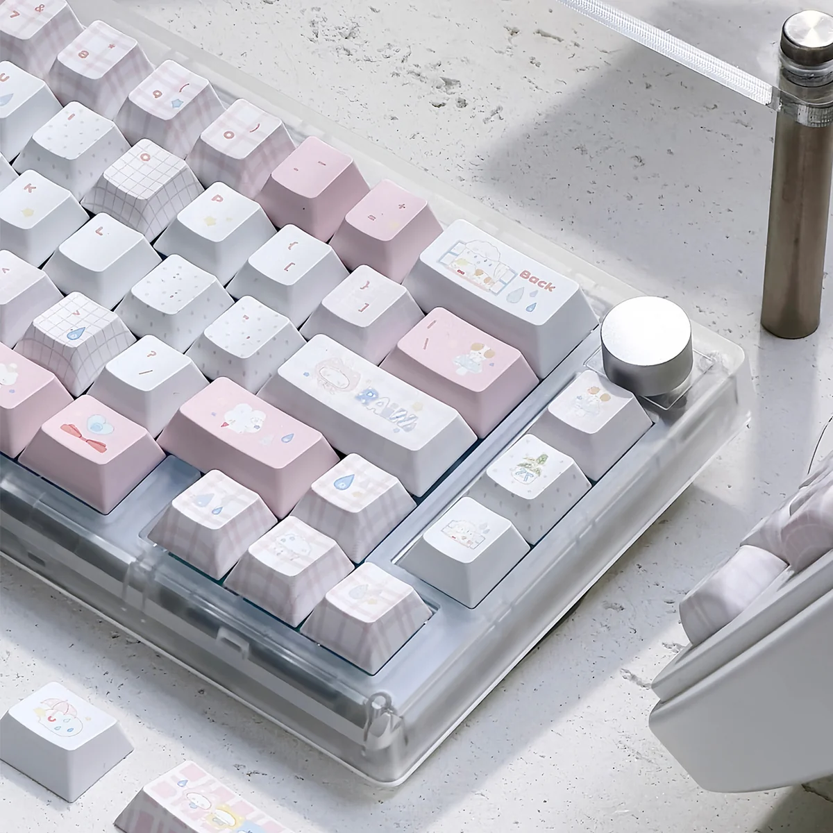 Different angles of the whimsical Fairy Garden Keycap Set, showcasing charming pastel storybook illustrations and its unique childhood wonder theme.