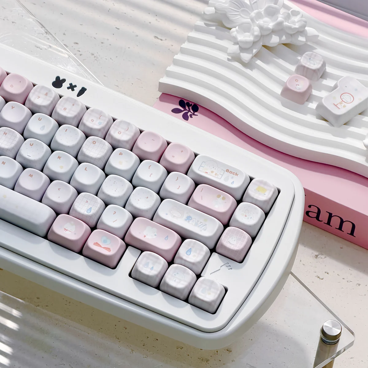 A whimsical Fairy Garden keycap set displayed from various playful angles, showcasing charming storybook art and soft pastel hues, inspiring childhood wonder.