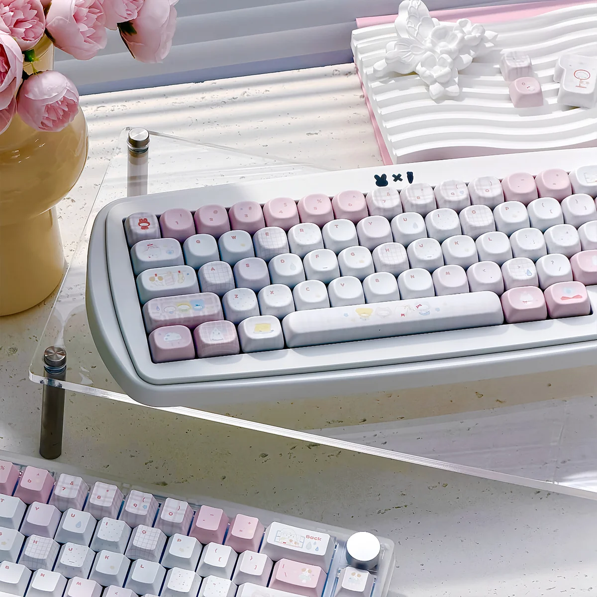 A whimsical Fairy Garden keycap set, showcasing its unique storybook illustrations and soft pastel hues from a playful, detailed side profile.