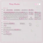 Playful close-up of the unique Whimsical Fairy Garden Keycap Set, showing charming storybook illustrations in soft pastel hues, evoking innocent children.