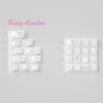 Close-up of the Fairy Garden keycap set, displaying its unique whimsical theme with charming, innocent pastel illustrations.