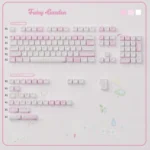 Whimsical Fairy Garden PC supplement keycaps. Clear, translucent designs with pastel storybook illustrations add a playful touch of childhood wonder.