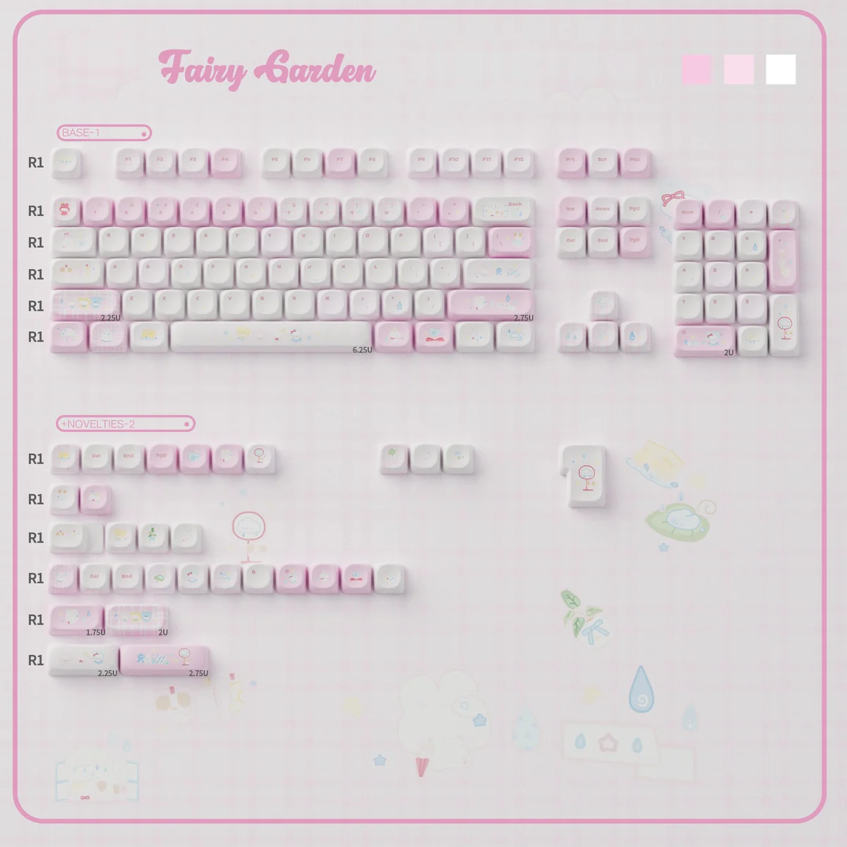 Whimsical Fairy Garden PC supplement keycaps. Clear, translucent designs with pastel storybook illustrations add a playful touch of childhood wonder.