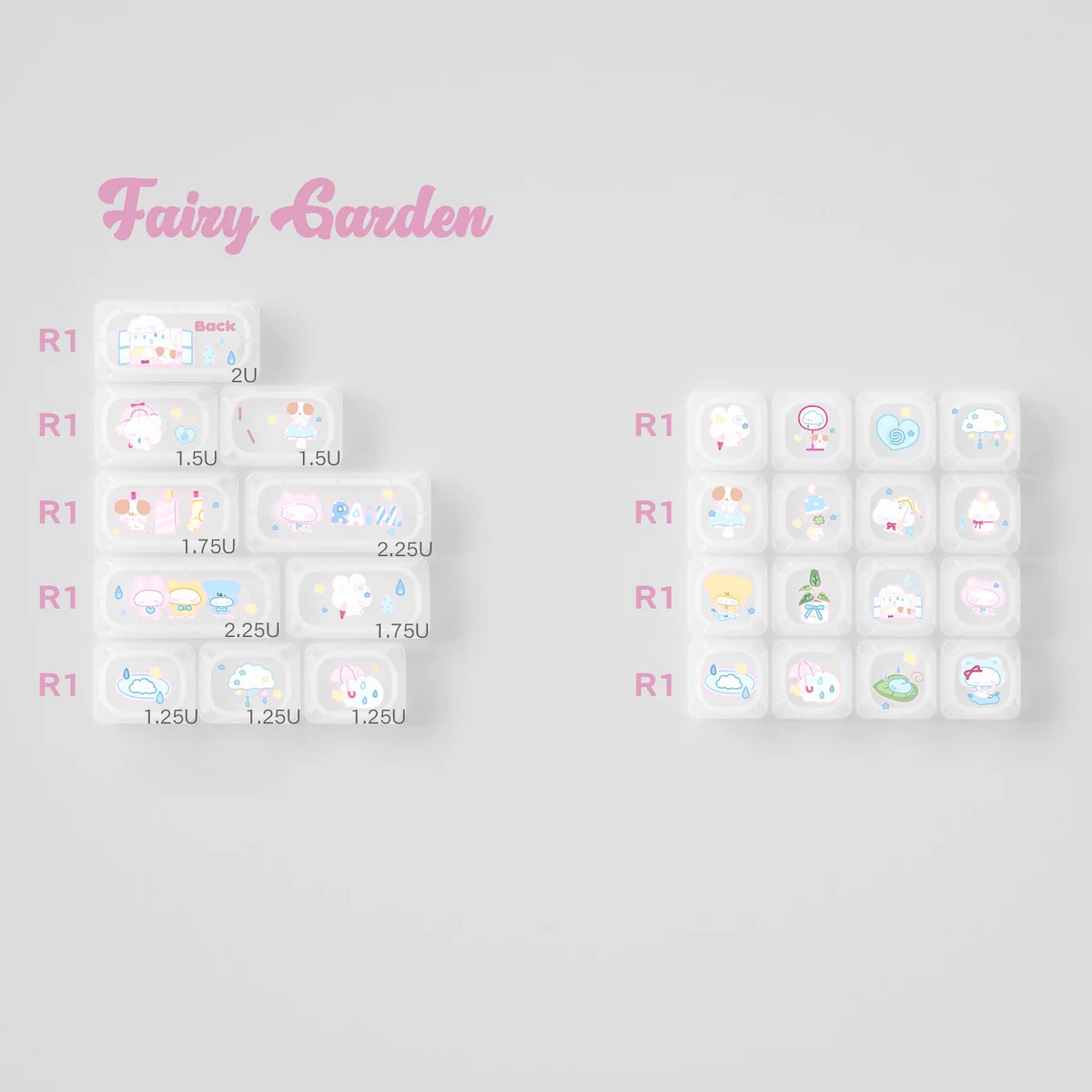 Playful MOA-profile Fairy Garden keycap set, a whimsical variant with pastel storybook illustrations evoking pure childhood wonder.