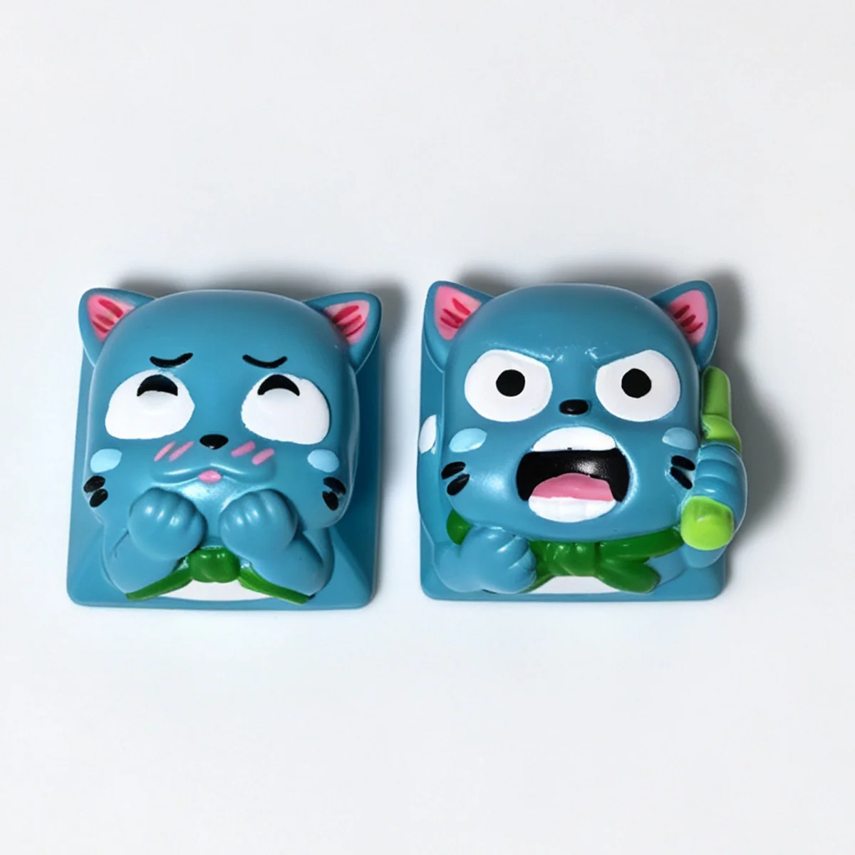 A playful, handcrafted Fairy Tail Happy resin keycap, viewed from a unique angle, showcasing its vibrant 3D details perfect for joyful keyboards.