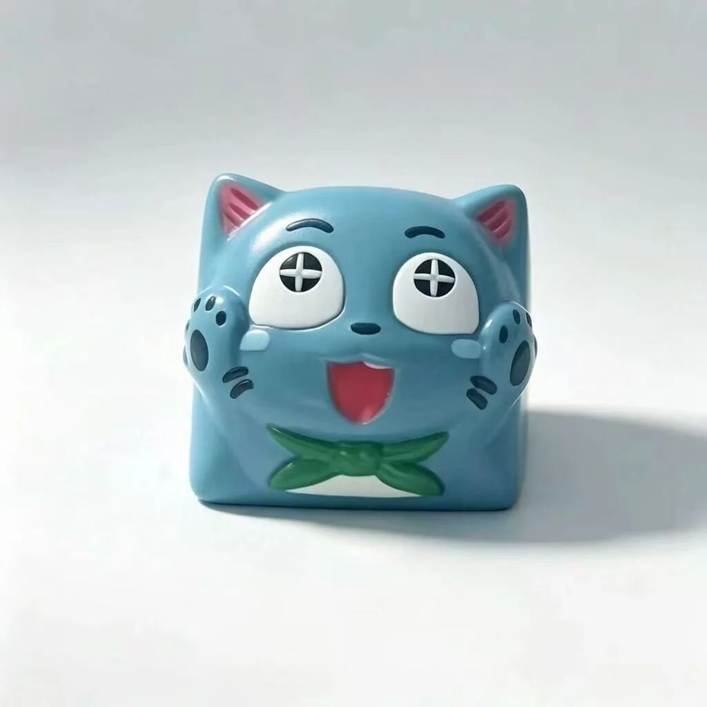 Handcrafted Fairy Tail Happy resin keycap from multiple angles, showcasing its vibrant 3D details and playful design for joyful keyboards.