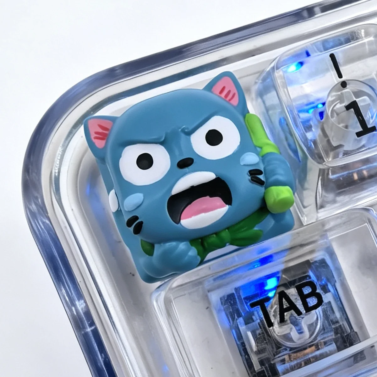 A vibrant, handcrafted 3D resin Fairy Tail Happy keycap, showing the joyful blue cat soaring, perfect for adding a playful touch to mechanical keyboard.