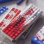 Faker T1 Esports PBT keycap set gallery, displaying various angles of sleek side-engraved legends and vibrant T1 branding for gaming keyboards.