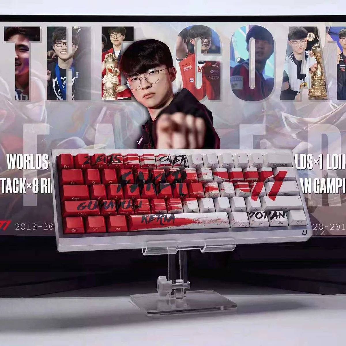 Faker T1 Esports PBT Keycap Set for gaming, showing sleek side-engraved legends and T1 branding, optimized for vibrant RGB. Premium Faker Keycaps.