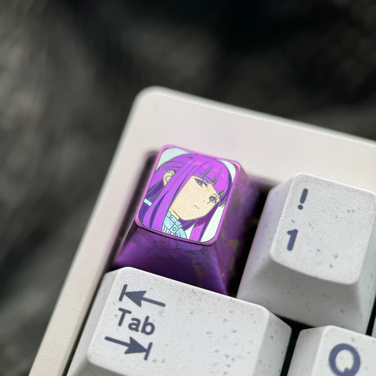 Premium Fern titanium artisan keycap, vibrant character art on polished titanium, shown from multiple angles, capturing its magical.