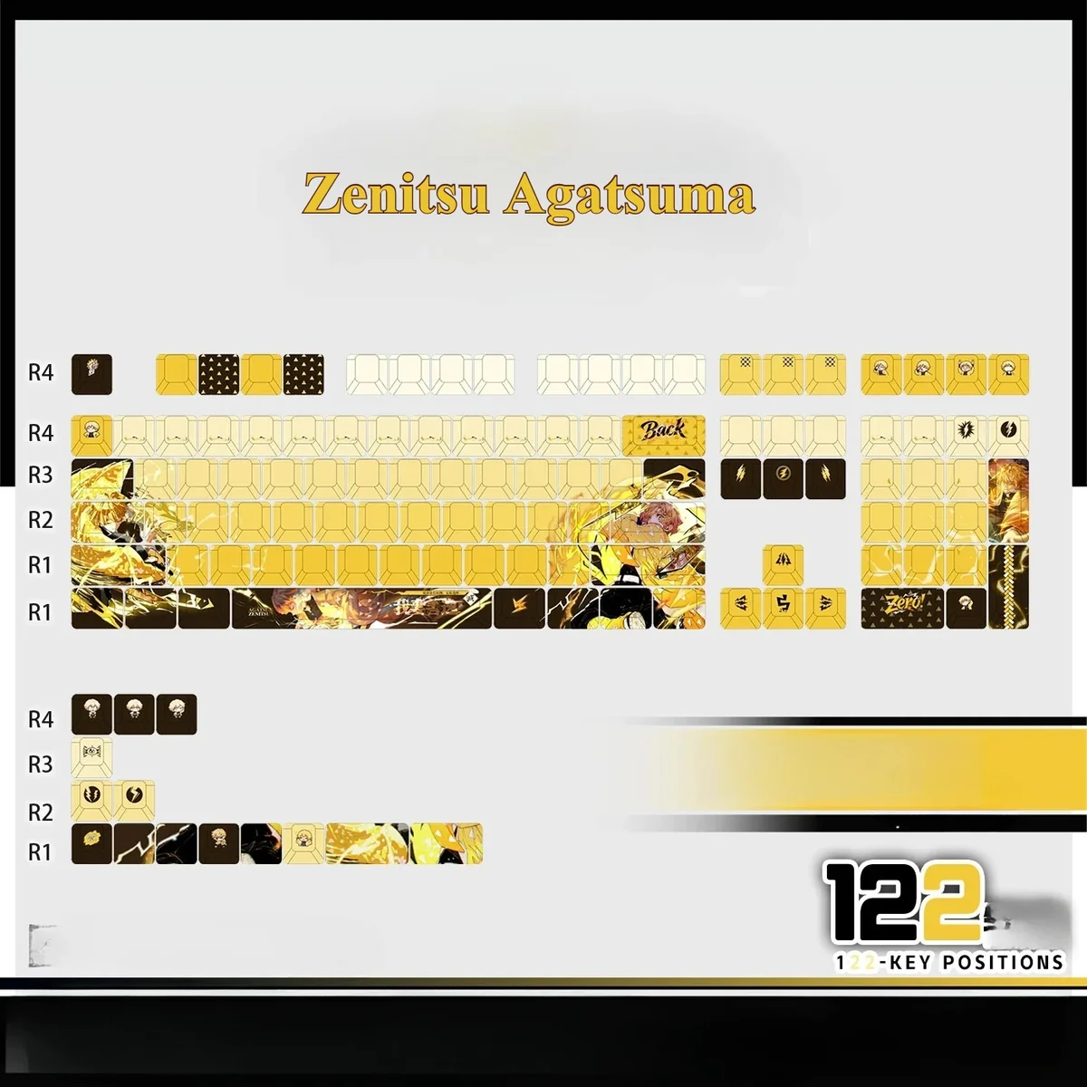 Premium Zenitsu Agatsuma PBT backlit keycap, featuring dynamic Demon Slayer art with lightning effects, displayed from multiple angles.