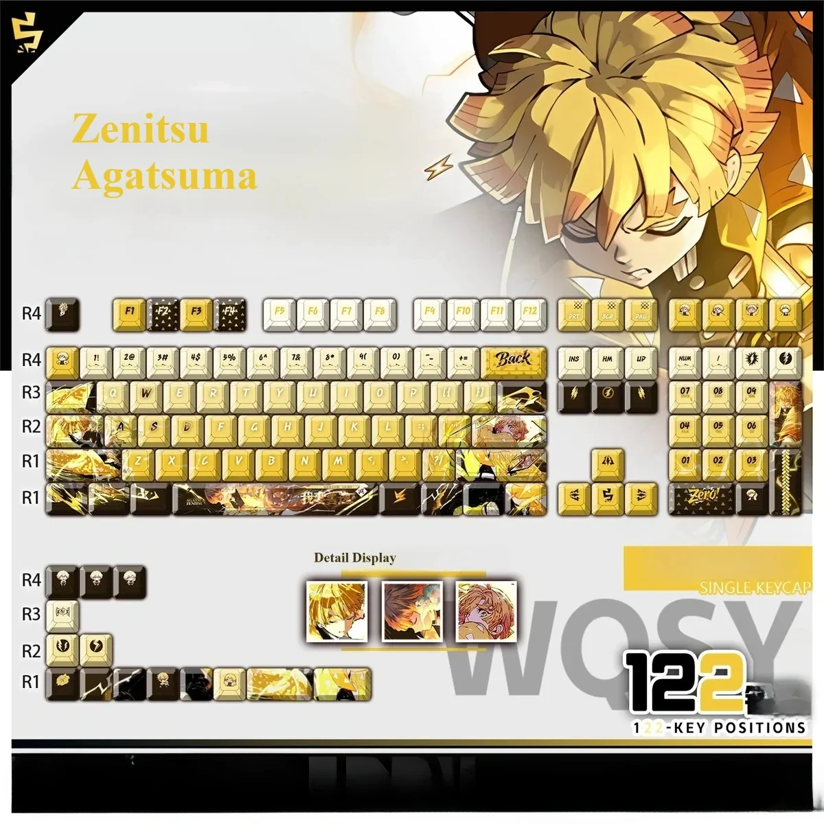 Dynamic Zenitsu Agatsuma PBT backlit keycap showcases iconic Demon Slayer art with electrifying lightning, a premium collector's piece.