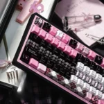 Exquisite Ceramic Keycap Set: First Love Nostalgia. Multiple angles reveal soft pastel hues, smooth ceramic finish, delicate romance, premium artistry.