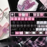 Exquisite ceramic keycap set, presented from various angles, highlighting smooth pastel hues and delicate artistry, evoking first love nostalgia.