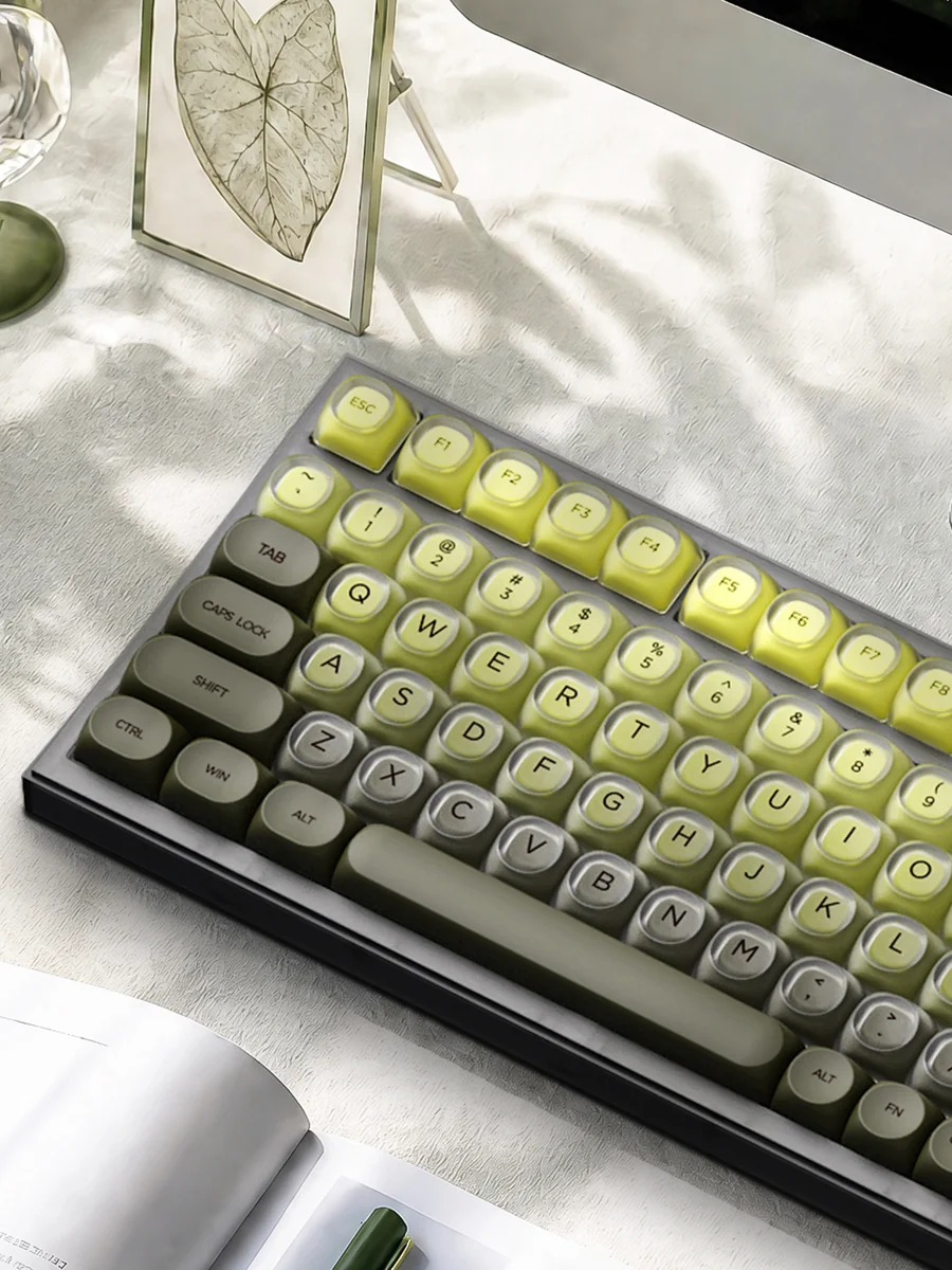 Enchanting Forest Keycap Set: mechanical keycaps with serene nature patterns, tranquil greens, earthy tones, for an immersive forest theme.