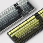 Enchanting Forest Keycap Set. Artistic view shows immersive nature patterns, tranquil greens, earthy tones, unique angle.
