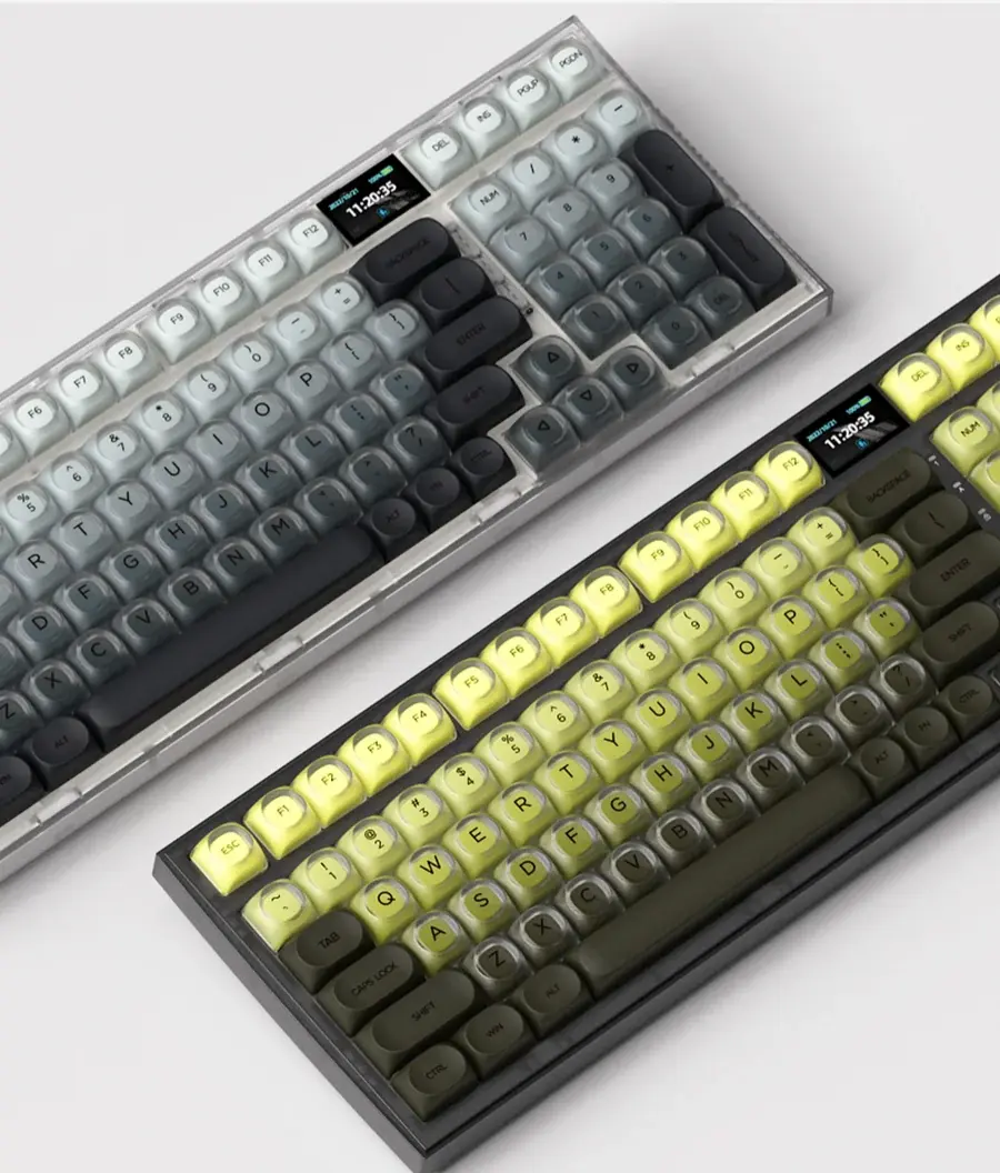 Enchanting Forest Keycap Set. Artistic view shows immersive nature patterns, tranquil greens, earthy tones, unique angle.