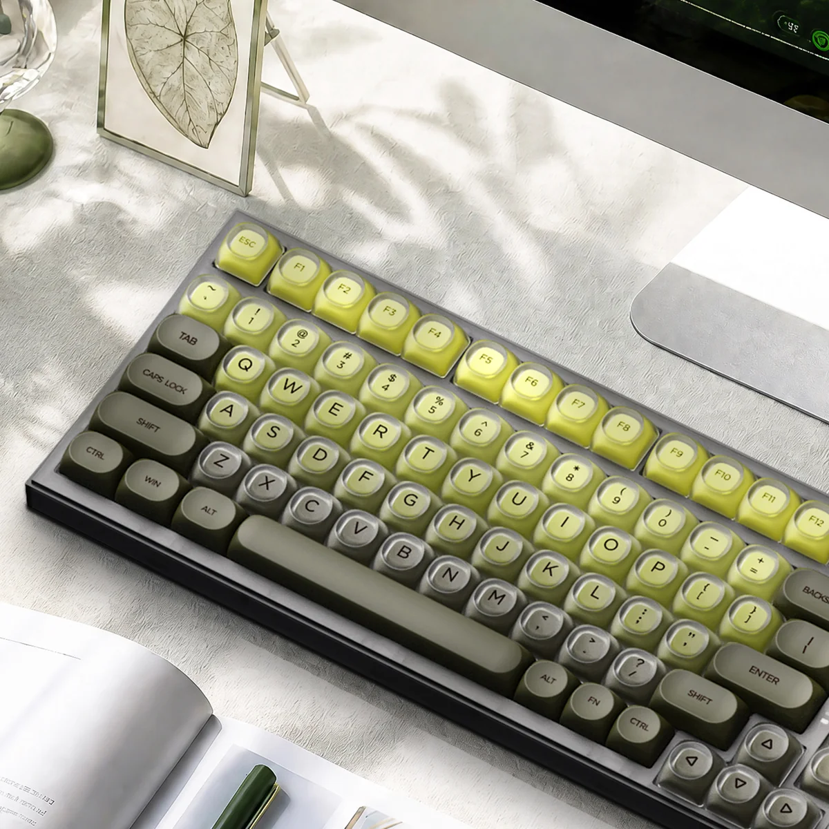 Enchanting Forest Keycap Set, an immersive mechanical keyboard accessory displaying serene nature patterns in tranquil greens and earthy tones.