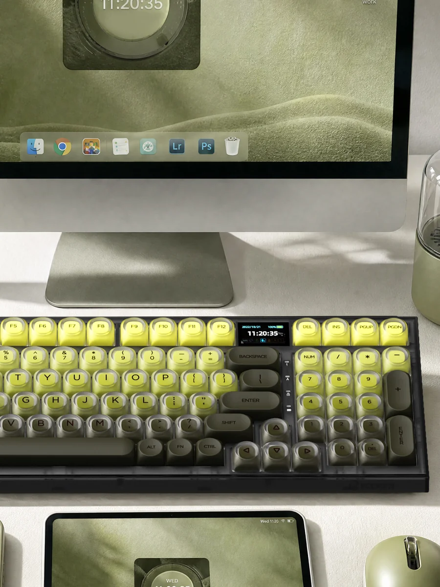 Enchanting Forest Keycap Set for mechanical keyboards, displaying serene nature patterns in tranquil greens and earthy tones for an immersive design.