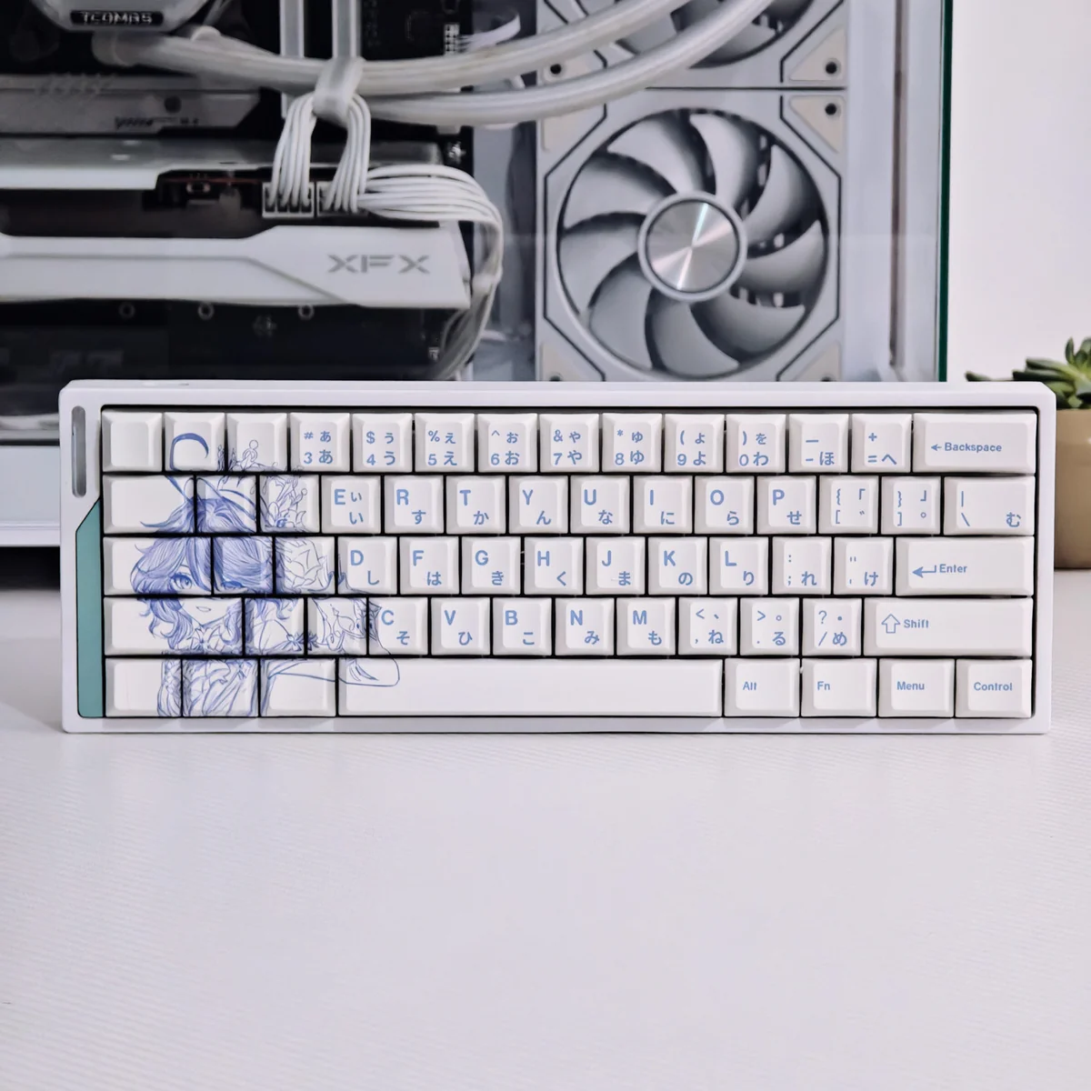 Exclusive Scribble Art Furina PBT Dye-Sub Keycap Set, presented from multiple angles, highlighting its elegant Genshin Impact blue chaotic line.