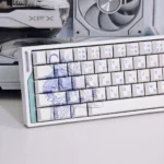 Exclusive Scribble Art Furina PBT Dye-Sub Keycap Set. Features elegant blue hues and unique chaotic line details, captured from multiple angles.