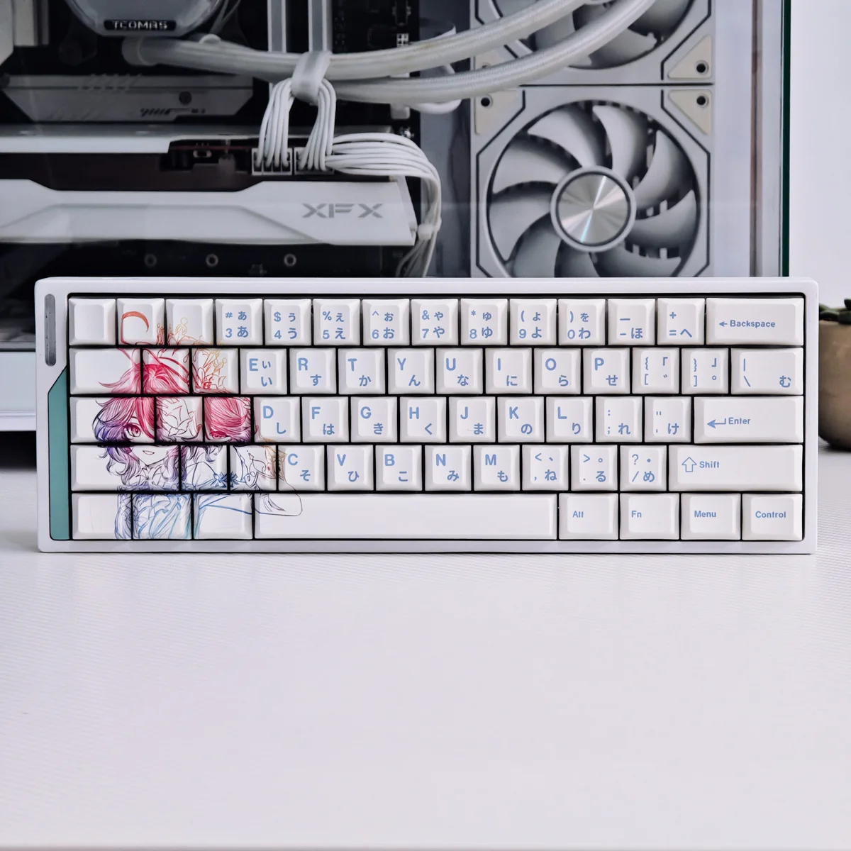 Premium Scribble Art Furina PBT Dye-Sub keycap collection, featuring exclusive Genshin Impact designs with chaotic blue lines from diverse perspective.