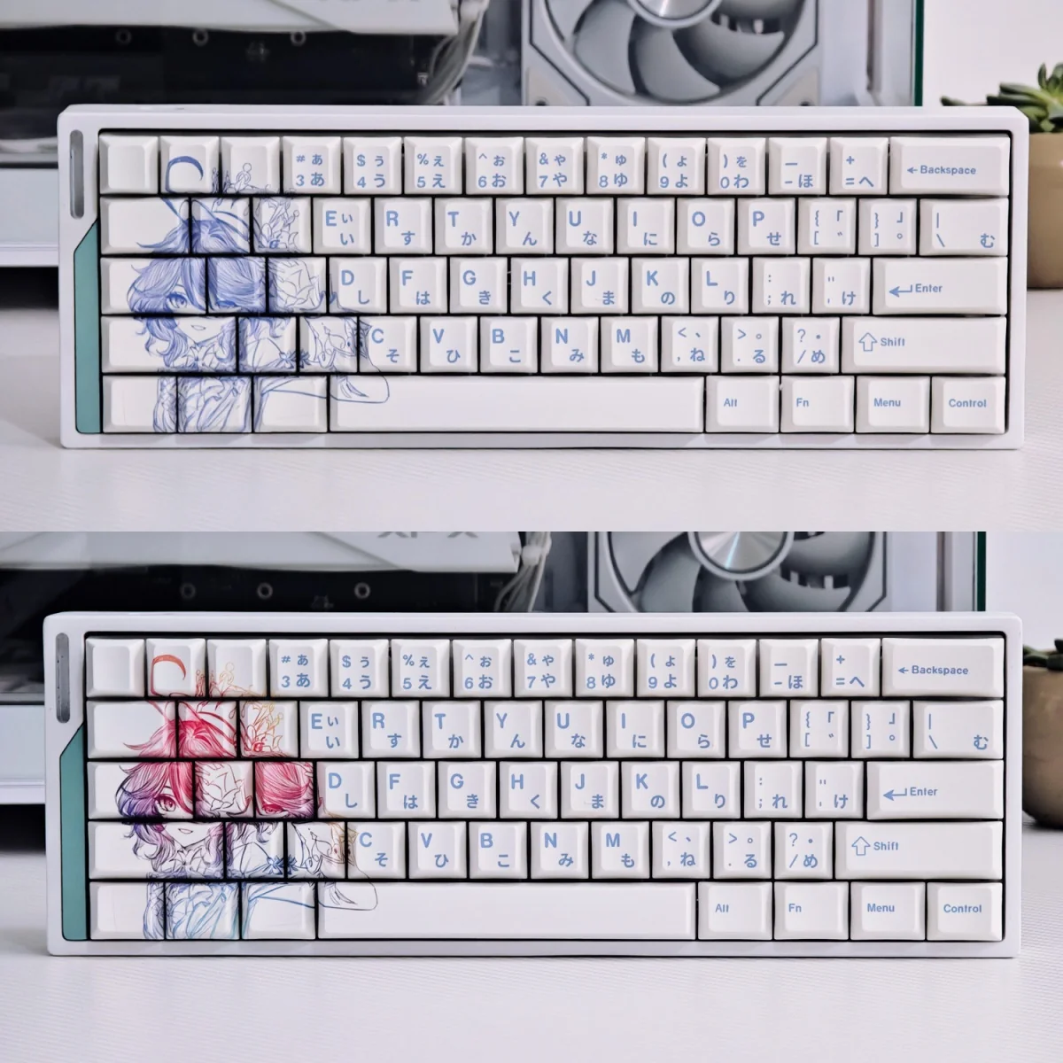 Exclusive Scribble Art Furina PBT Dye-Sub Keycap Set, showcasing elegant blue chaotic line designs inspired by Genshin Impact.