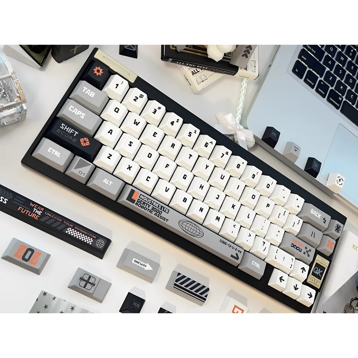 Future Manufacturing Keycap Set gallery showing durable PBT keycaps with striking sci-fi design. Multiple angles reveal sleek lines.