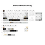 Future Manufacturing Keycap Set showcasing a striking sci-fi design with sleek lines and technical typography, crafted from durable PBT for a premium feel.