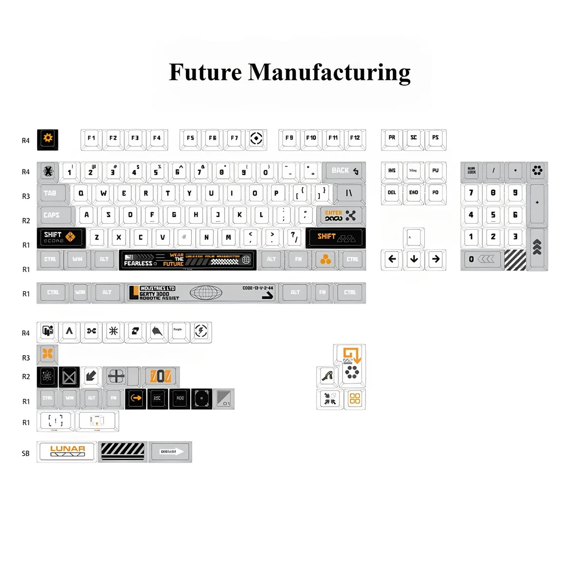 Future Manufacturing Keycap Set showcasing a striking sci-fi design with sleek lines and technical typography, crafted from durable PBT for a premium feel.
