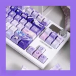 Close-up of the exclusive Genshin Impact Citlali PBT keycap set, showcasing vibrant character designs and Teyvat Portal theme from multiple angles.