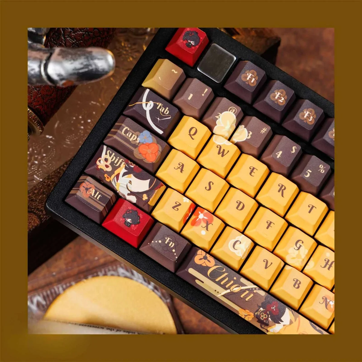 Genshin Impact Chiori PBT Keycap Set, elegantly designed with fashion-inspired details, showcased from multiple angles to highlight premium aesthetic.