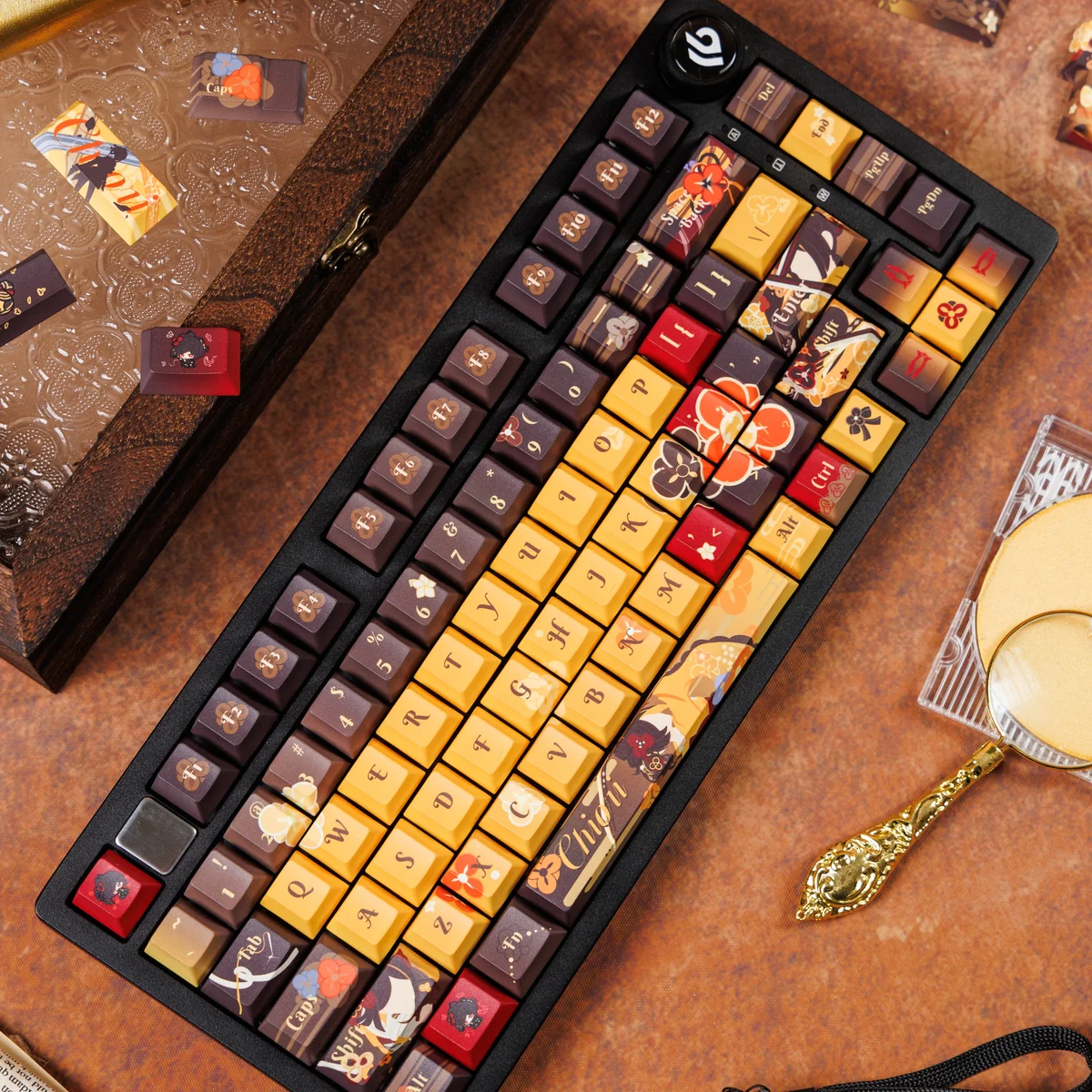Genshin Impact Chiori PBT Keycap Set showcasing elegant, fashion-inspired design with rich game details for a premium aesthetic.