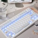 Adorable translucent bear keycap set in Cherry profile, featuring whimsical gift bears with a luminous charm for a personalized desktop.