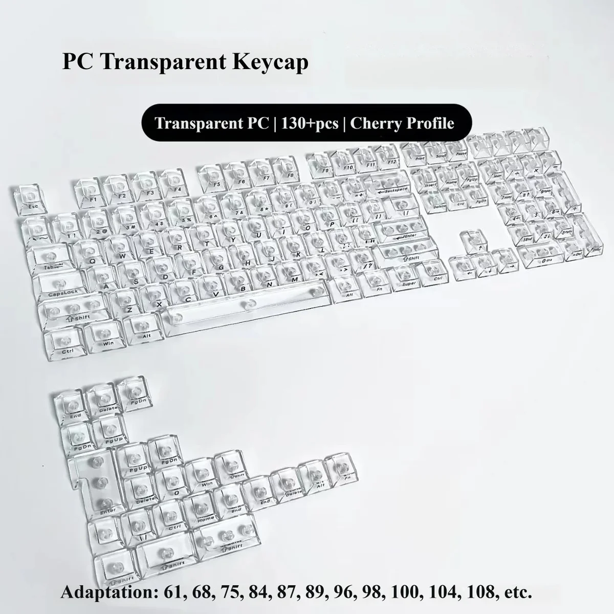 A full set of Glacier Crystal Side-Printed keycaps, showcasing their luminous transparency and minimalist side-engraved legends, perfect for vibrant RGB lightning.