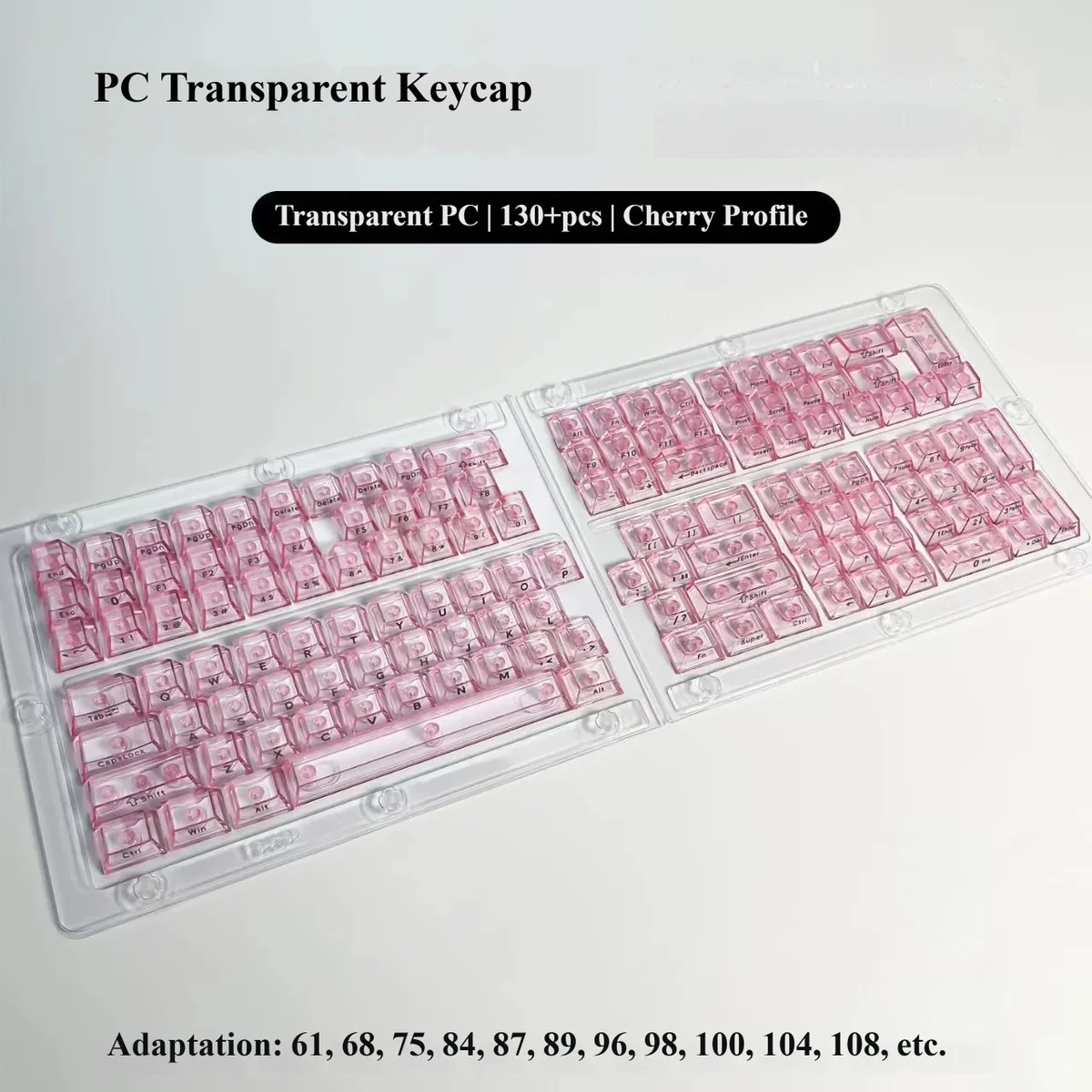 Glacier Crystal Side-Printed keycaps, artfully arranged to reveal their luminous transparency and crisp legends under vibrant RGB lighting.