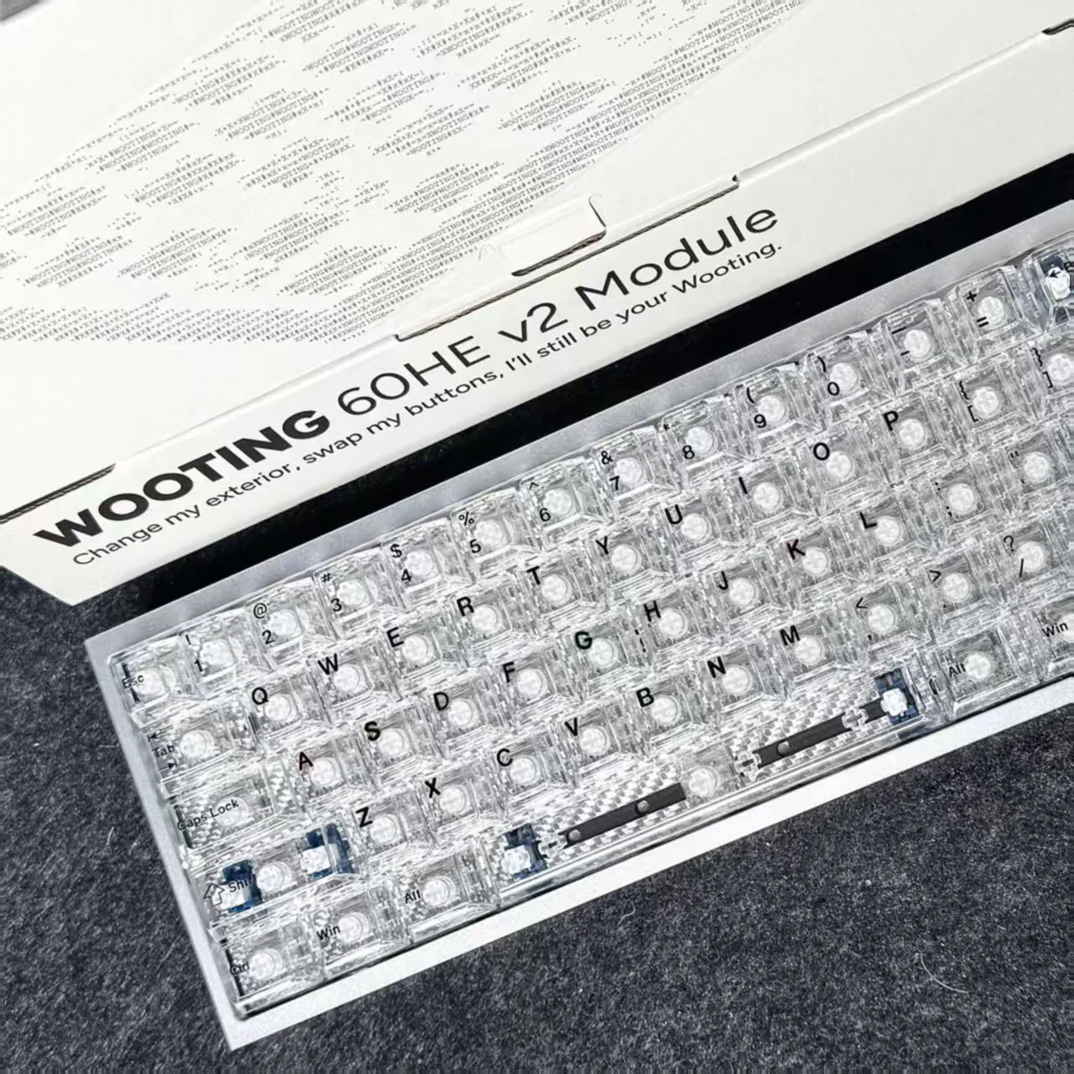 Glacier Crystal Top-Printed PC Keycaps set, shown from diverse angles. Highlights its sleek, transparent, crystal-like finish, optimized for vibrant RGB.