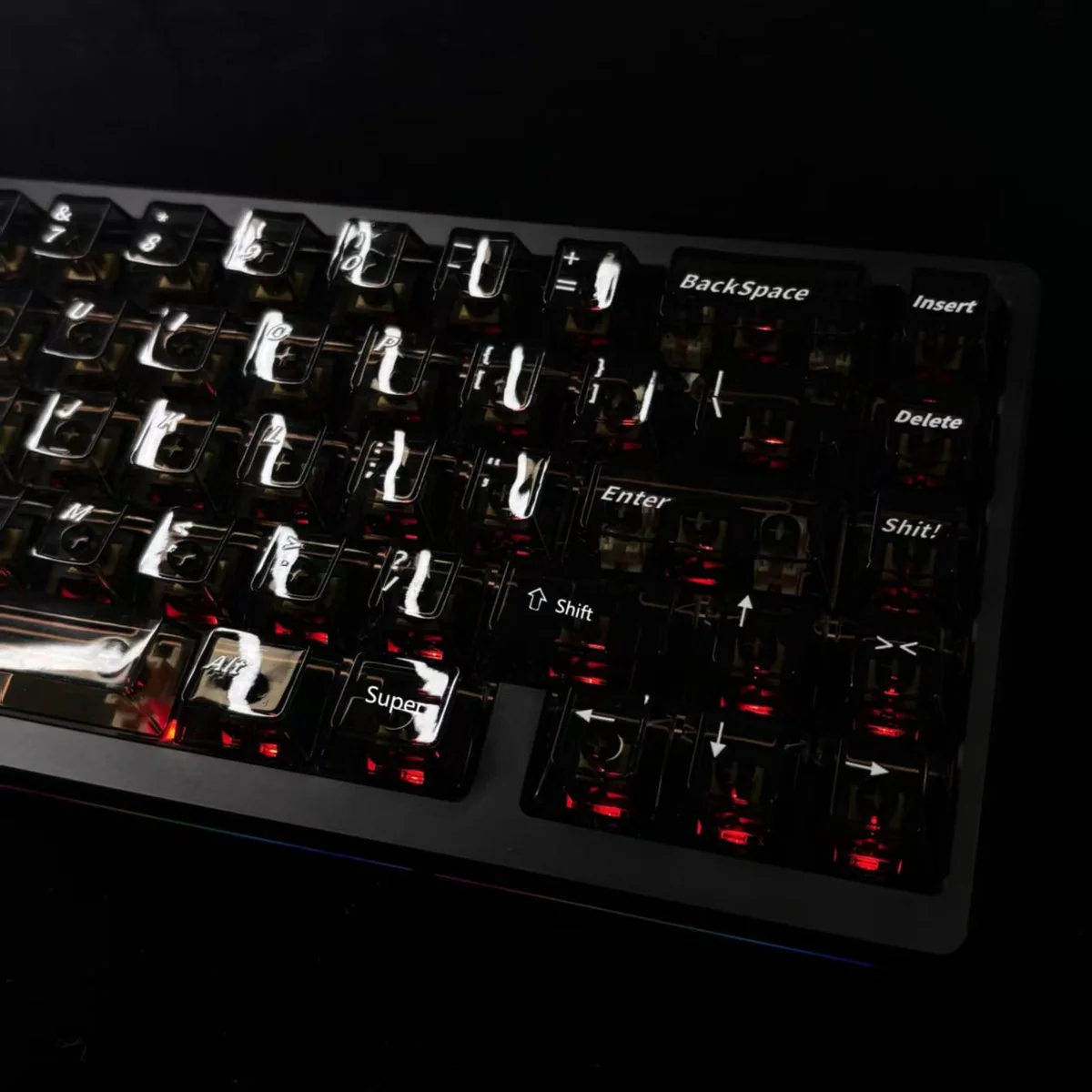 Glacier Crystal Top-Printed PC Keycap Set, showcasing its sleek, transparent design and pristine crystal-like finish, optimized for brilliant RGB lighting.