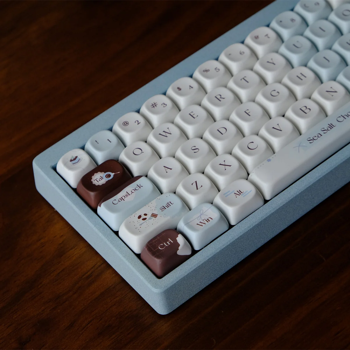 Gourmet Sea Salt Choco MOA Keycap Set shown from multiple angles, highlighting its rich chocolate and subtle sea salt textures for a premium keyboard.